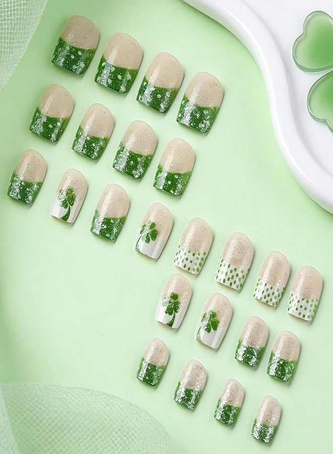 OSTTMA 24Pcs St. Patrick's Day Press on Nails Short Square French Tip Fake Nails with Shamrock & Polka Dot Designs Glitter Green Shamrock Nails Press ons Full Cover Glue on Nail for Women Manicure - Image 4